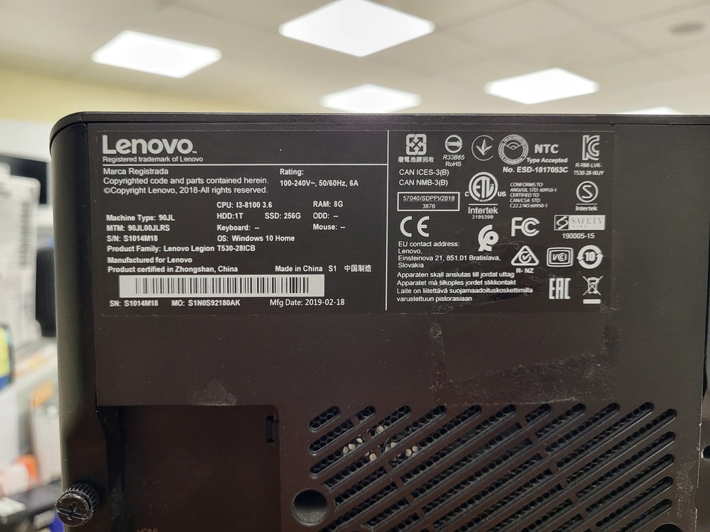 Системный блок Lenovo; Core i3-8100, GeForce GTX 1050, 8 Гб, 240 Гб, 1 Tb