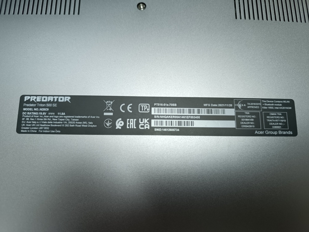 Ноутбук Acer Predator Triton 500SE; Core i7-11800H, GeForce RTX 3080 Laptop, 32 Гб, 1 Tb, Нет