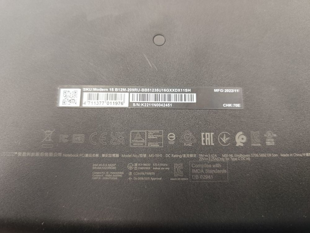 Ноутбук MSI Modern 15 b12m-209ru; Core i5-1235U, Intel iris XE Graphics, 16 Гб, 512 GB, Нет