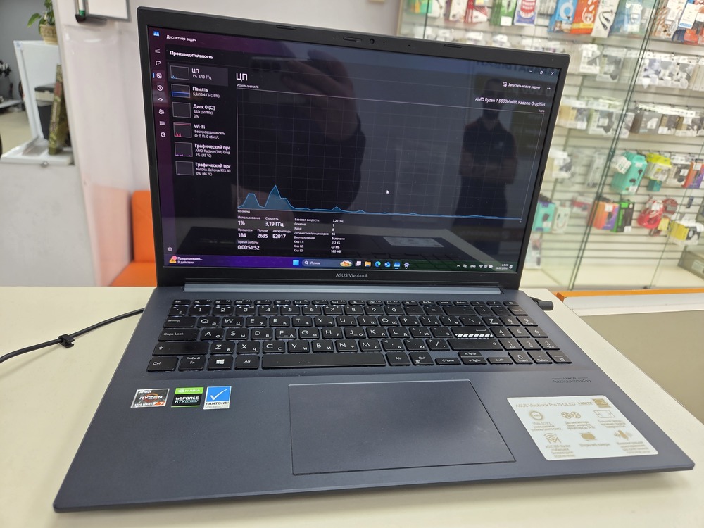 Ноутбук ASUS vivobook 15 pro; Ryzen 7 5800H, GeForce RTX 3050, 16 Гб, 512 GB, Нет