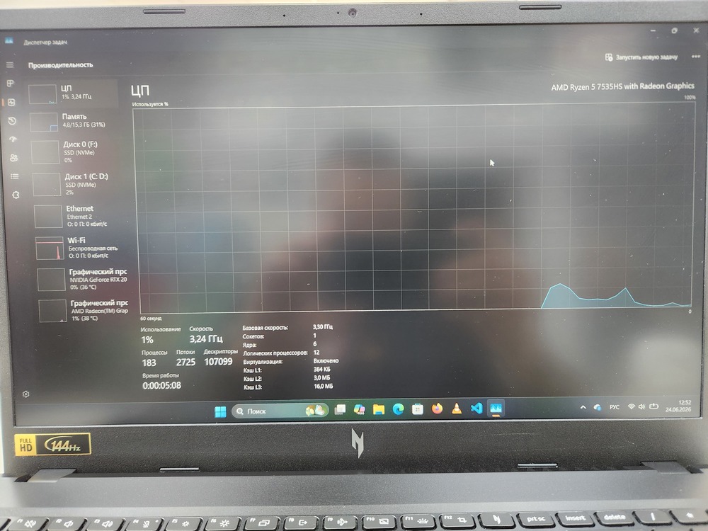 Ноутбук Acer Nitro V 15; Ryzen 7 7535HS , GeForce RTX 2050, 16 Гб, 512 GB, Нет