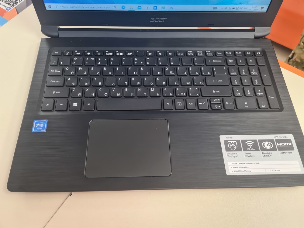 Ноутбук Acer Aspire 3 A315-33-C12U; Celeron N3060, HD Graphics, 4 Гб, 120 Гб, Нет