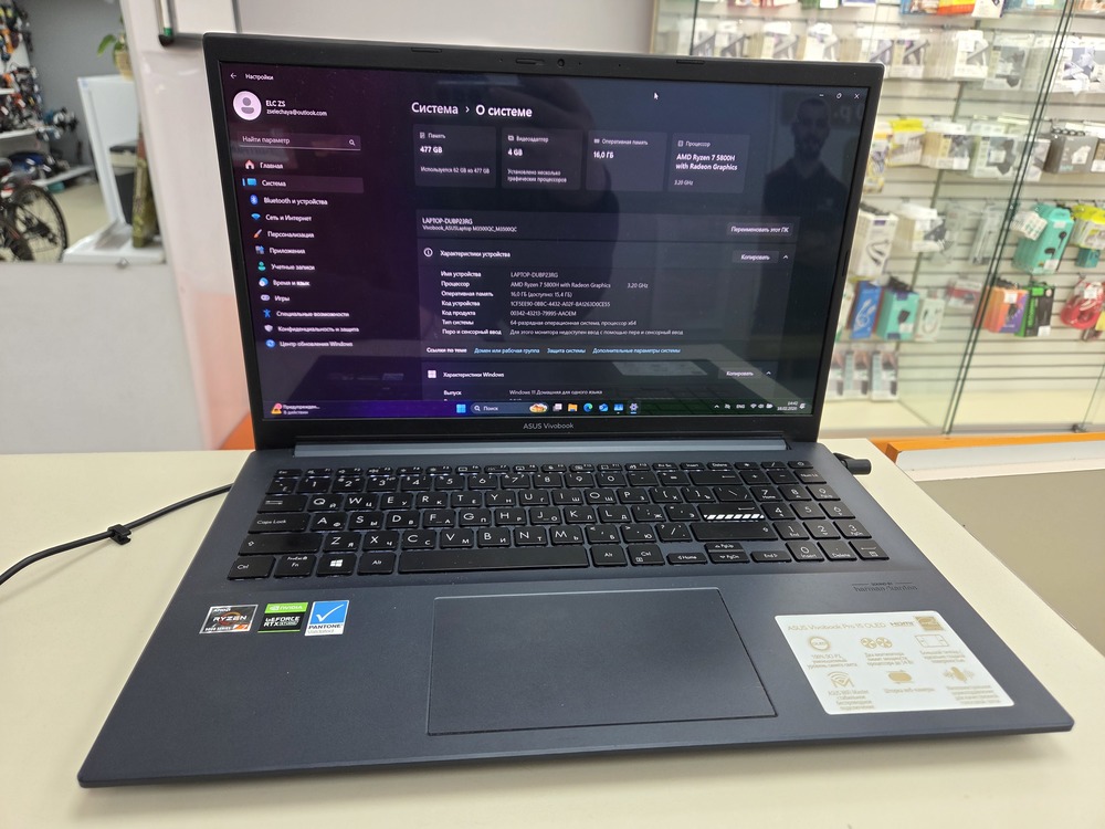 Ноутбук ASUS vivobook 15 pro; Ryzen 7 5800H, GeForce RTX 3050, 16 Гб, 512 GB, Нет