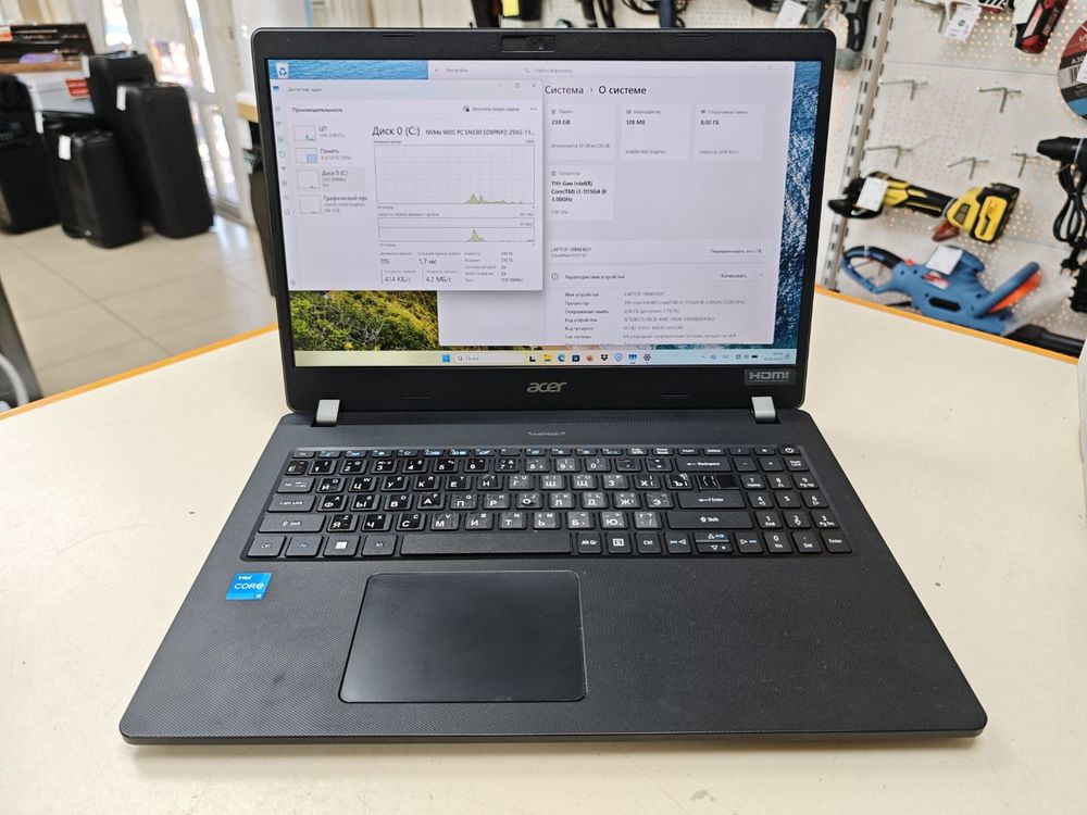 Ноутбук Acer; Core I3-1115G4, HD Graphics, 8 Гб, 240 Гб, Нет