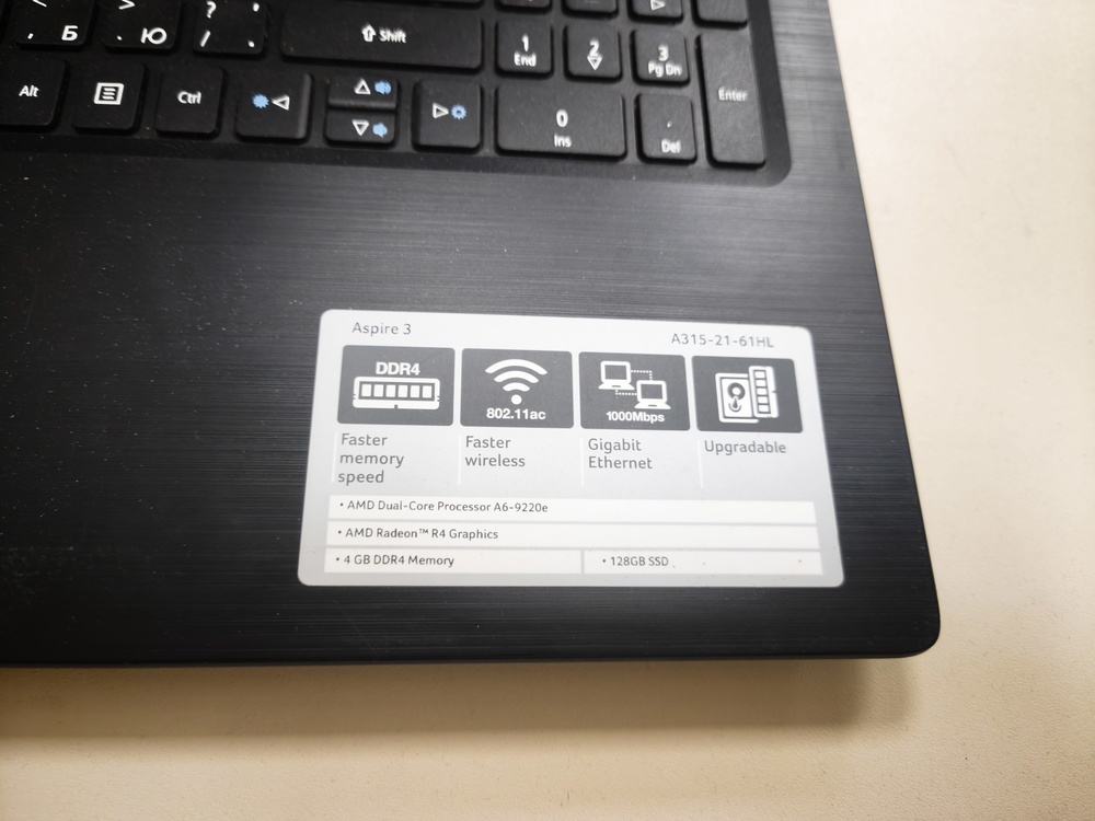 Ноутбук Acer; A6-9220e, AMD Radeon (TM) Graphics, 4 Гб, 120 Гб, Нет