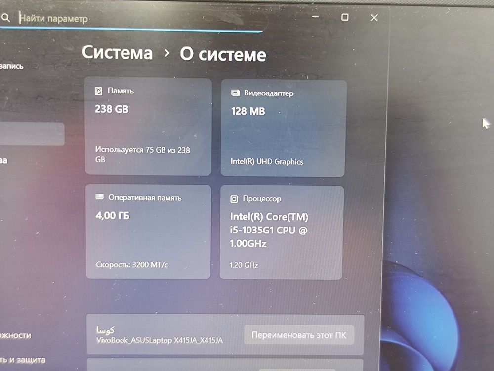 Ноутбук ASUS; Core i5-1035G1, Radeon Graphics, 4 Гб, 240 Гб, Нет