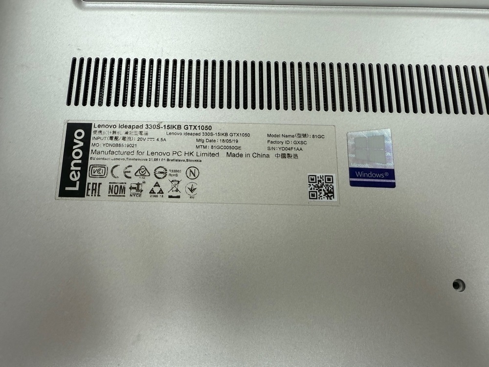 Ноутбук Lenovo 81GC 330S-15IKB GTX 1050; Core i5-8250U, GeForce GTX 1050 4GB, 4 Гб, 256 Гб, Нет