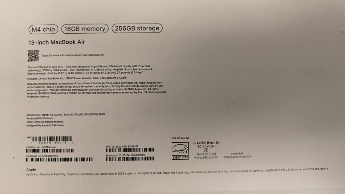 Ноутбук Apple MacBookAir (13 дюймов M4 A3240) 2025