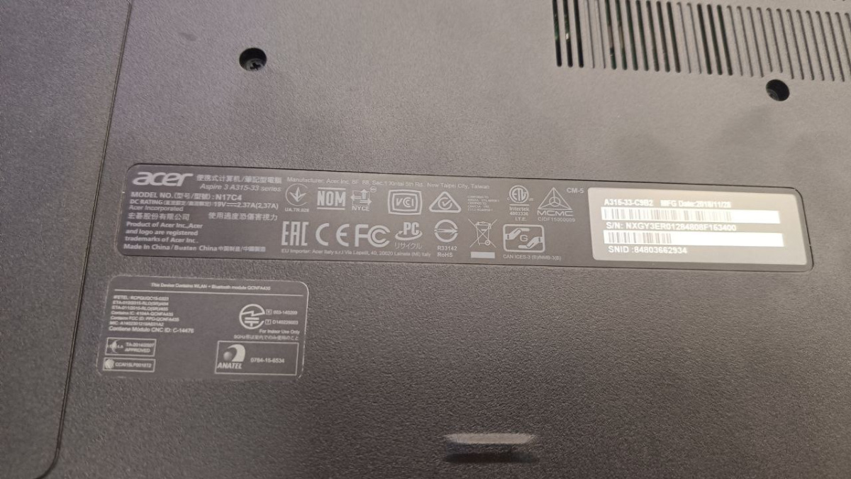Ноутбук Acer Aspire A315-33; Celeron N3060, Intel HD Graphics 500, 4 Гб, Нет, 500 Гб